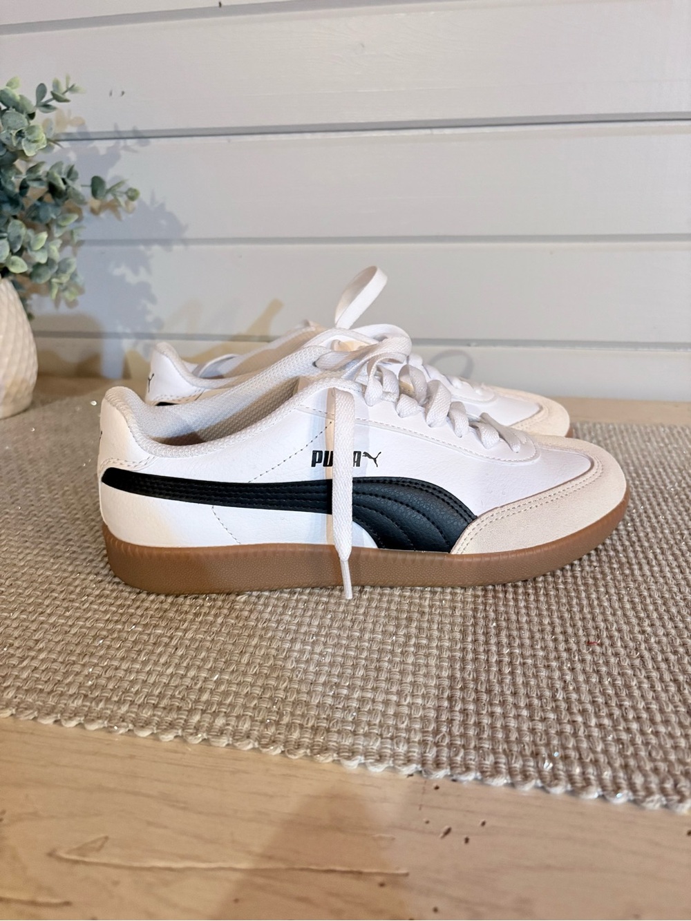 Puma White Leather Sneakers with Black Formstrip and Gum Sole